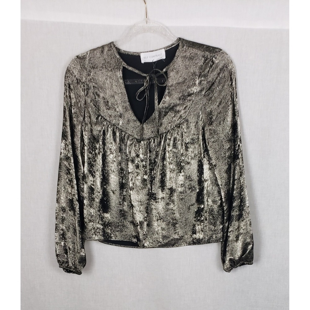 Self Contrast Metallic Gold Black Keyhole Tie Blouse XS Holiday Party Glam USA